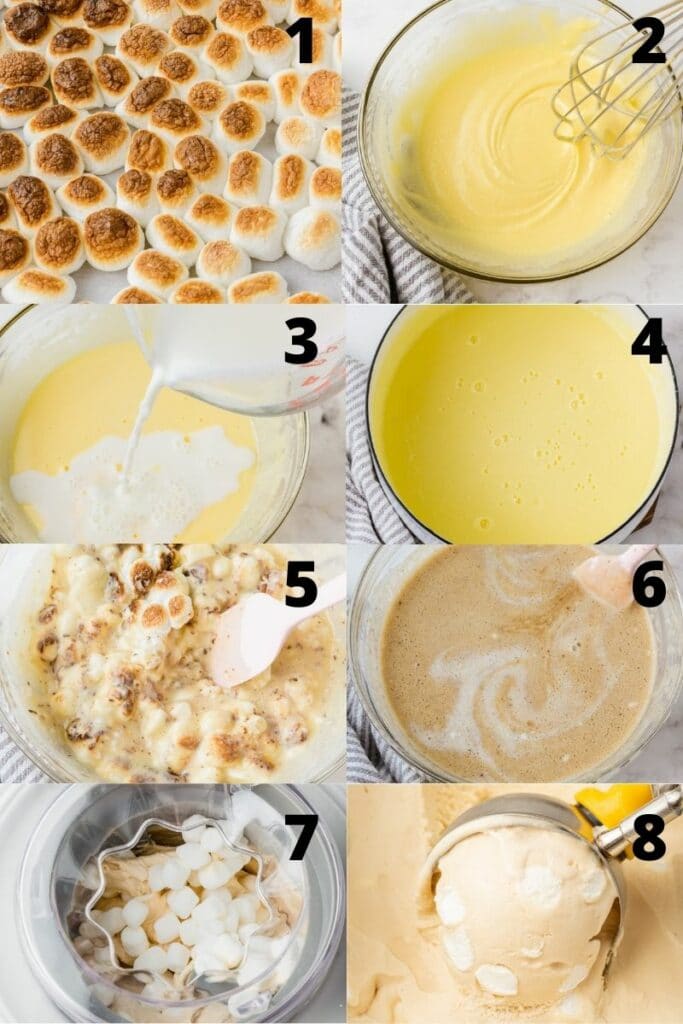 photo collage showing 8 steps needed to make marshmallow ice cream from scratch.