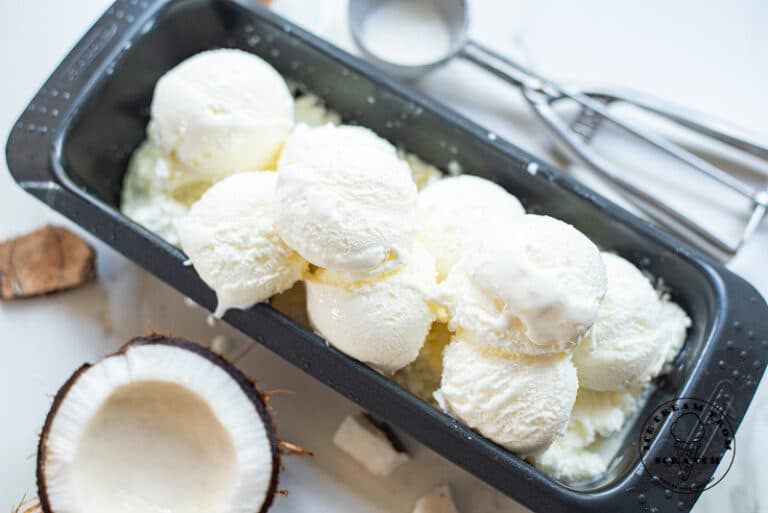 scoops of coconut sorbet in a metal pan