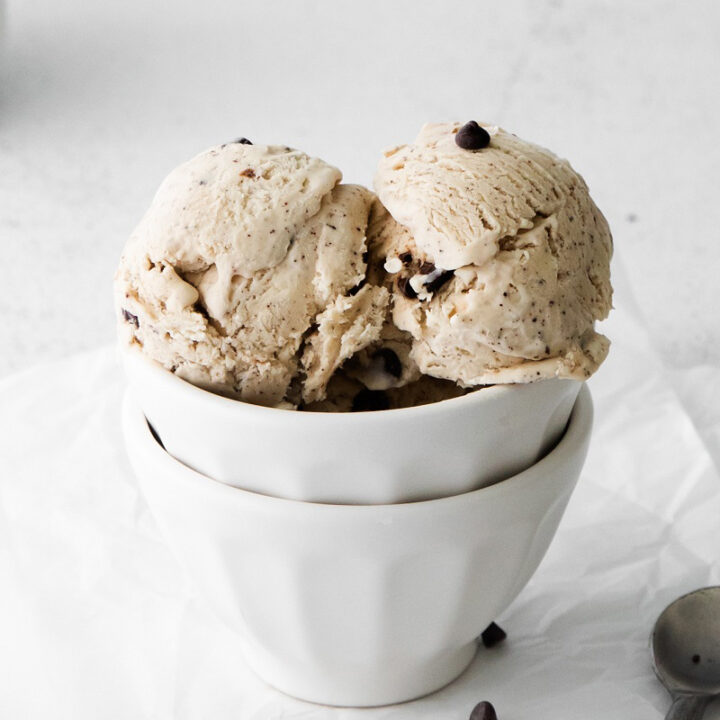 two scoops of coffee flavored ice cream in a bowl