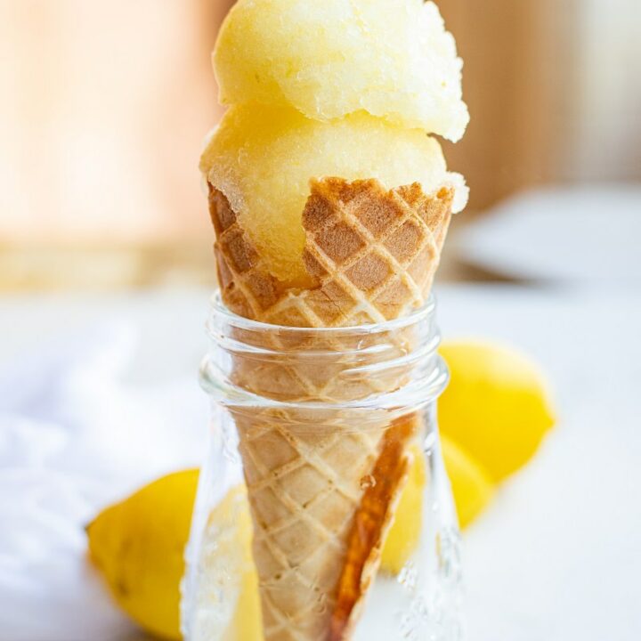 Lemon sorbet in an ice cream cone