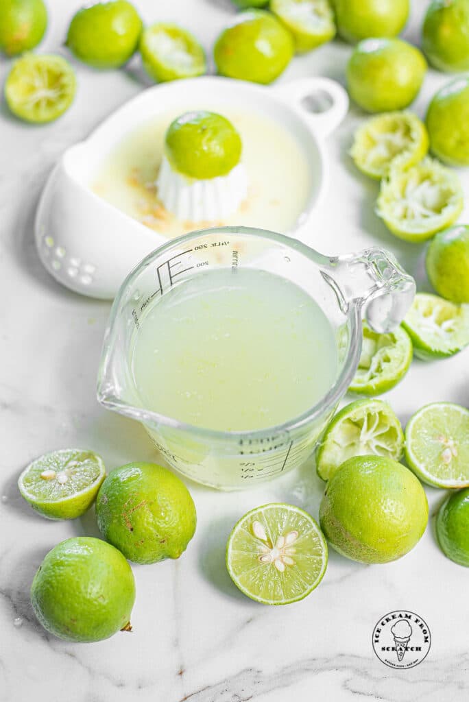 top down view of lime juice and limes