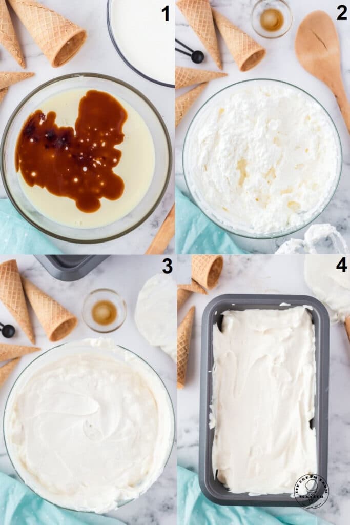 photo collage showing four steps needed to make no churn vanilla ice cream