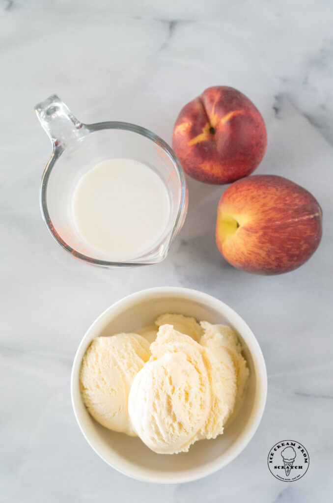 top down view of ingredients in peach milkshakes
