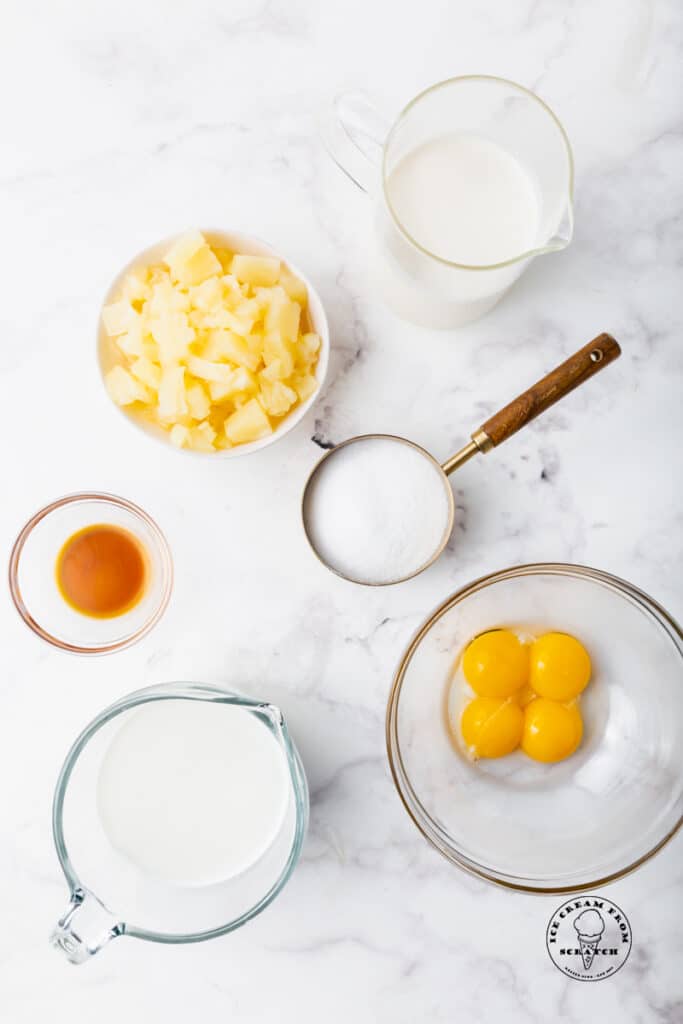 top down view of ingredients in pineapple ice cream