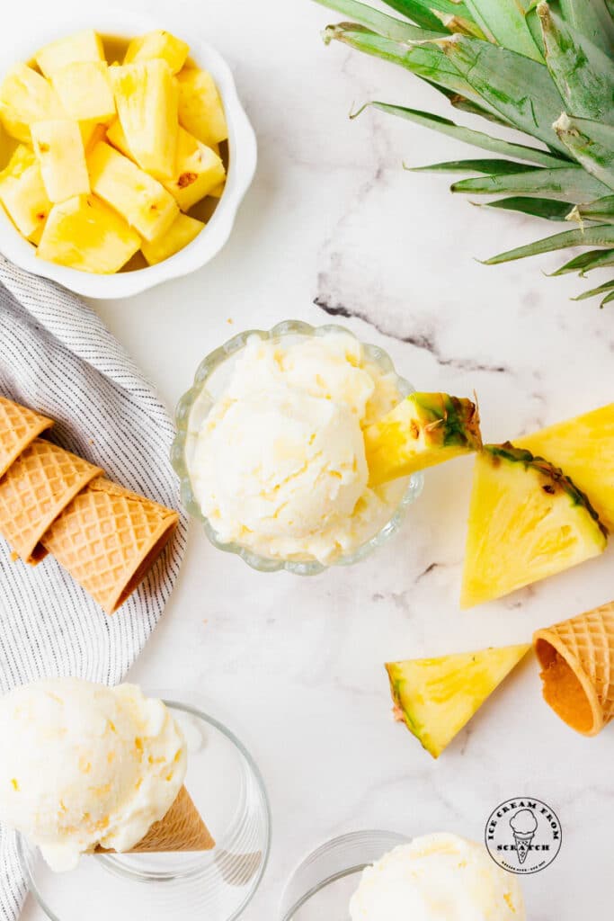 top down view of pineapple ice cream in a bowl