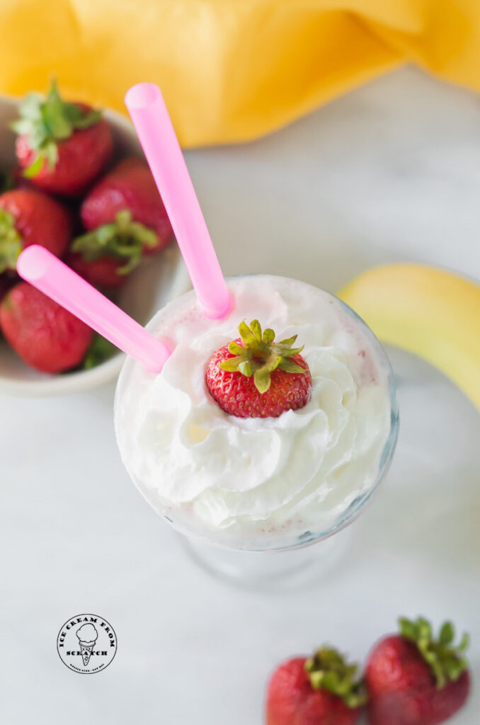 top down view of a strawberry banana milkshake