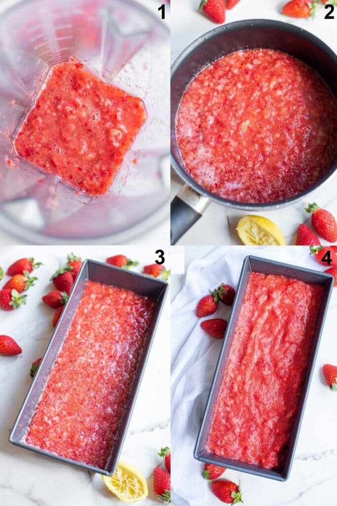 a collage of 4 photos showing the steps to make strawberry sorbet