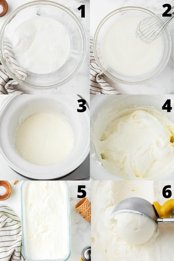 photo collage showing six steps needed to make sweet cream ice cream in an ice cream maker.