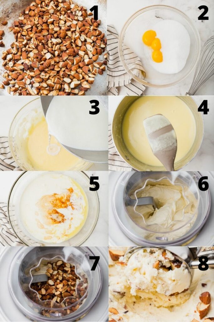 photo collage showing 8 steps needed to make toasted almond ice cream