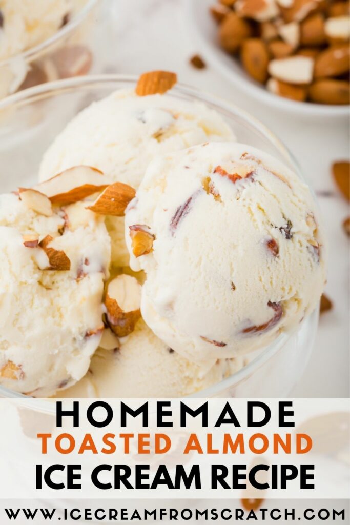a glass ice cream dish filled with almond ice cream., with text overlay