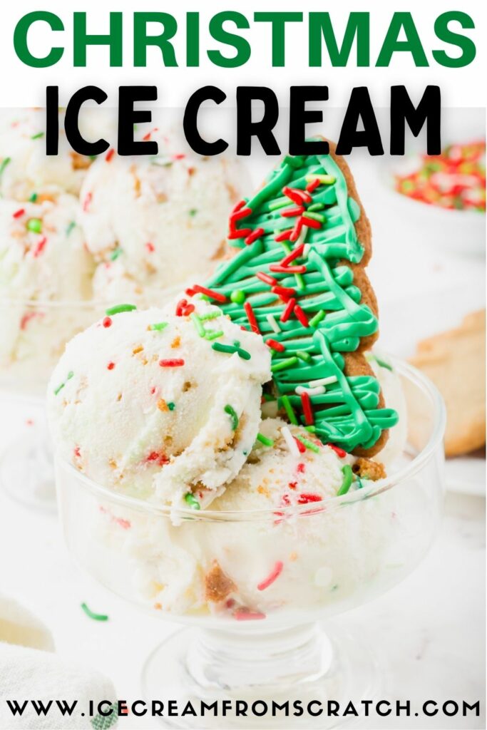a wide, short, glass ice cream dish with scoops of christmas ice cream and a green frosted tree cookie topper.