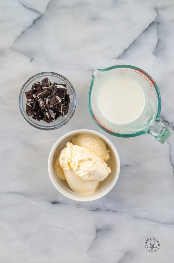 top down view of ingredients in cookies and cream milkshake