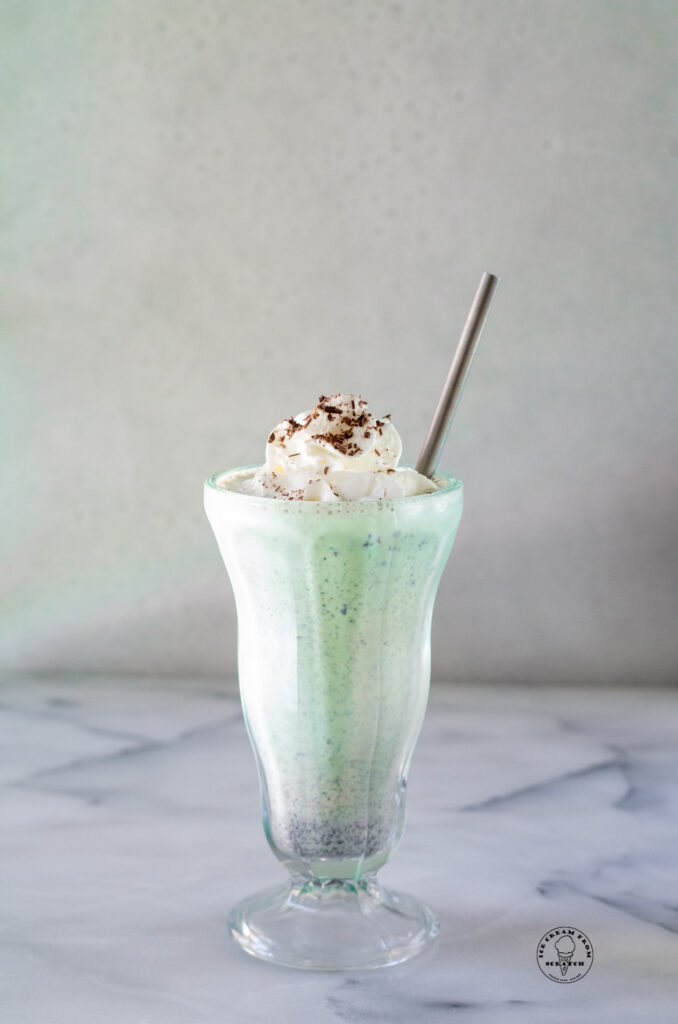 straight on photo of a mint chocolate chip milkshake