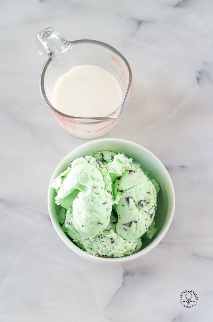 top down view of milk and mint chocolate chip ice cream