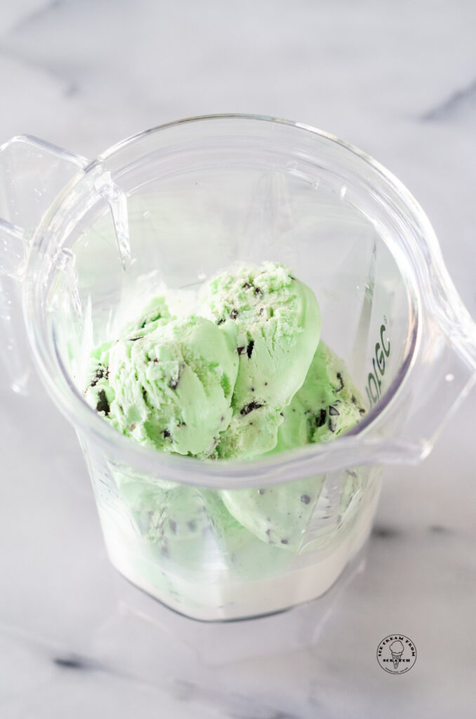 mint chocolate chip ice cream in a blender jar