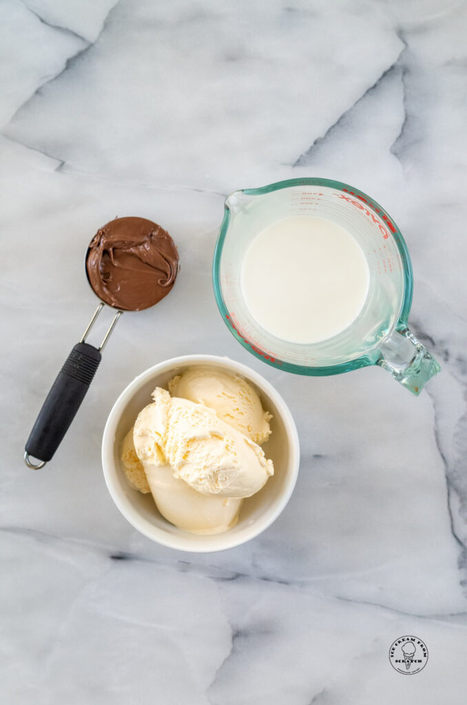 top down view of nutella, ice cream, and milk