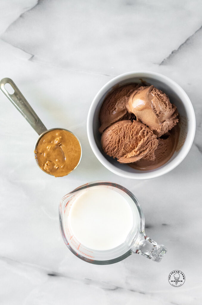 chocolate ice cream, peanut butter, and milk in bowls
