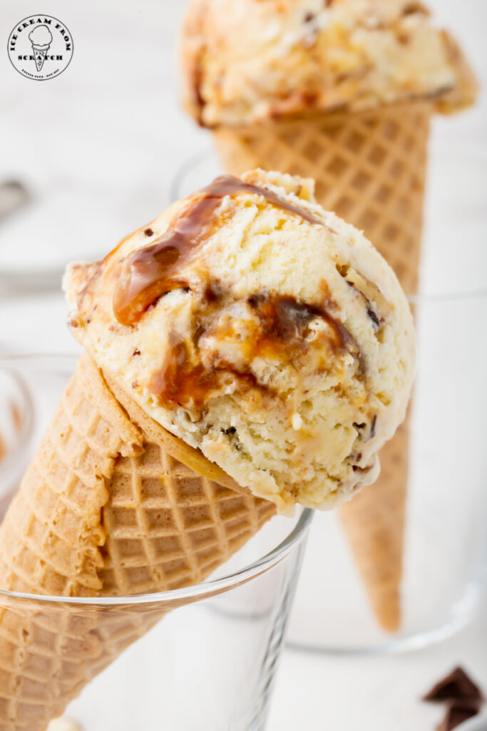 two glasses with sugar cones topped with homemade turtle ice cream.