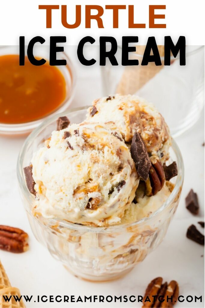 a glass dessert dish filled with scoops of turtle ice cream and garnished with pecans and chocolate chunks.