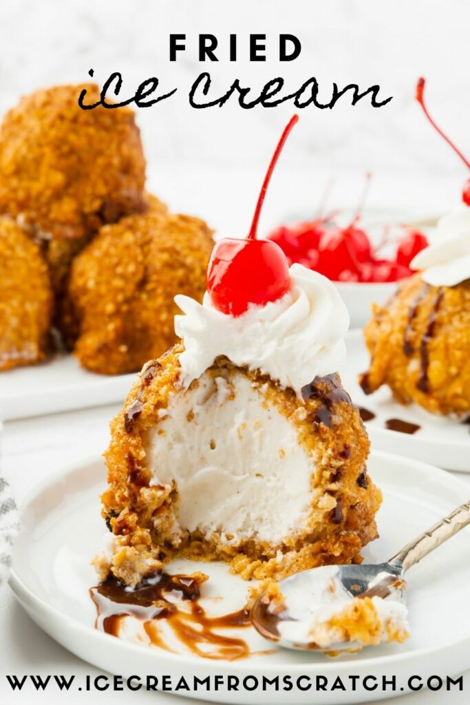 a serving of friend ice cream that has had a few bites taken out. Inside the fried ice cream is creamy vanilla, on top is whipped cream and a cherry. Text overlay at top says Fried Ice Cream