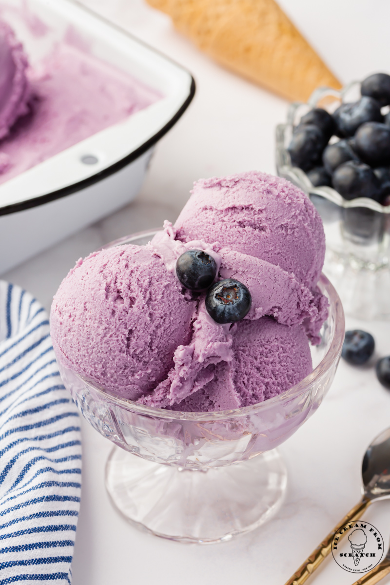 a footed glass dish filled with three scoops of purple blueberry ice cream, with two berries on top.