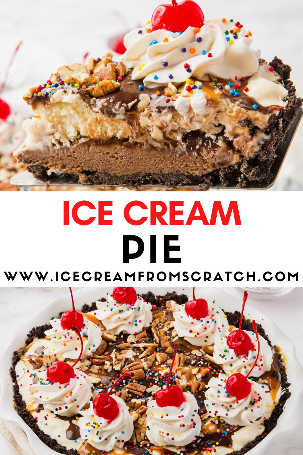 two photos of homemade ice cream pie. Text in between them says Ice Cream Pie