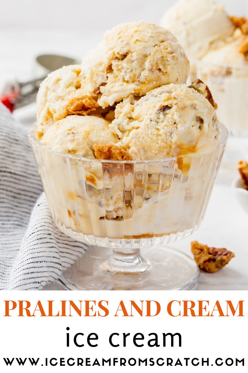 a footed dish of scooped homemade praline ice cream. Text at bottom of image says "Pralines and Cream ice cream"