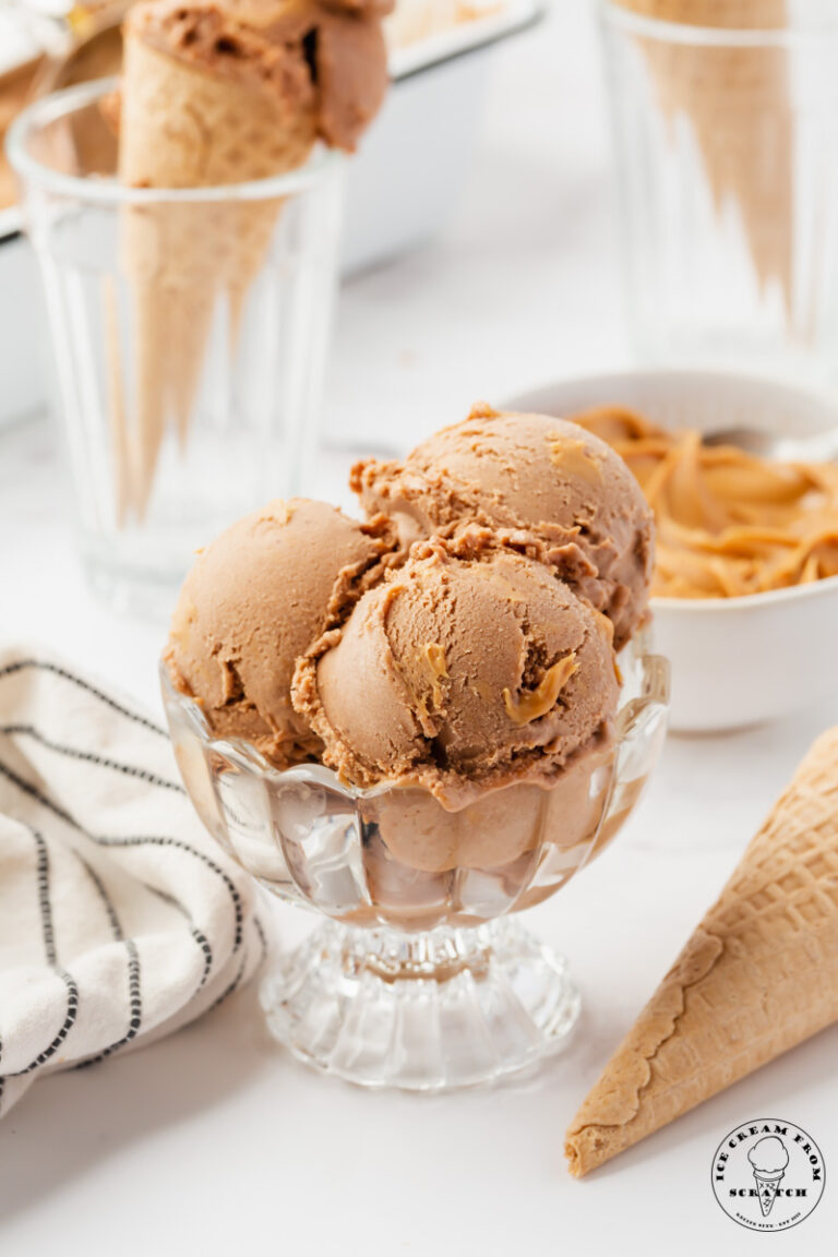 a footed glass dessert dish with three scoops of peanut butter swirled chocolate ice cream. Cones and a bowl of peanut butter are in the background.