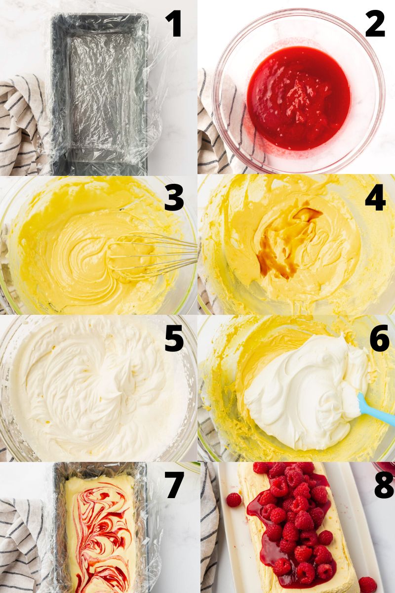 A collage of 8 images showing the steps you need to take to create a homemade semifreddo
