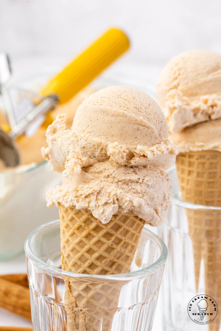 a sugar cone with two scoops of homemade cinnamon ice cream, propped up in a glass.