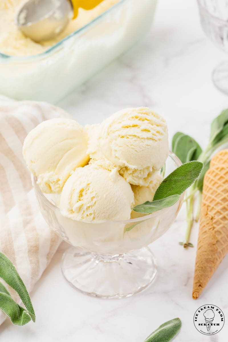 a footed glass bowl of sage ice cream, garnished with fresh sage leaves.