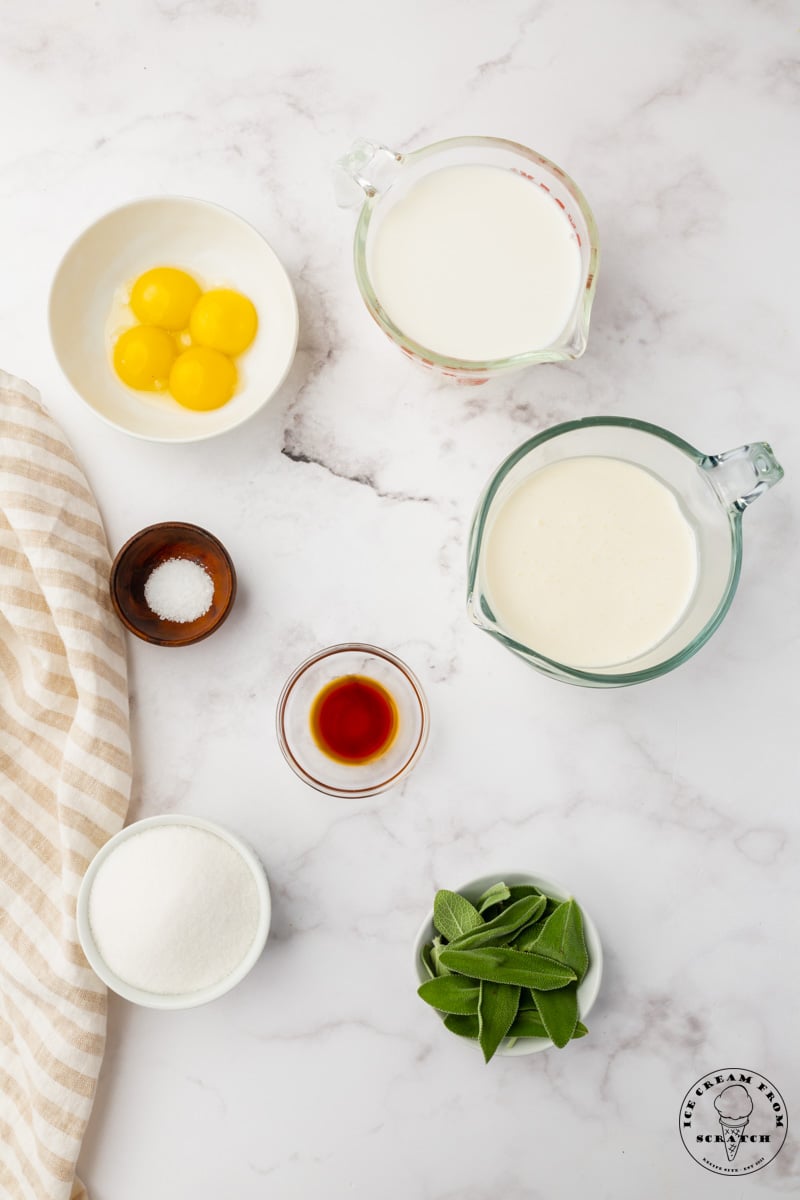 The ingredients needed to make fresh sage infused ice cream, all in separate bowls on a marble counter, viewed from overhead