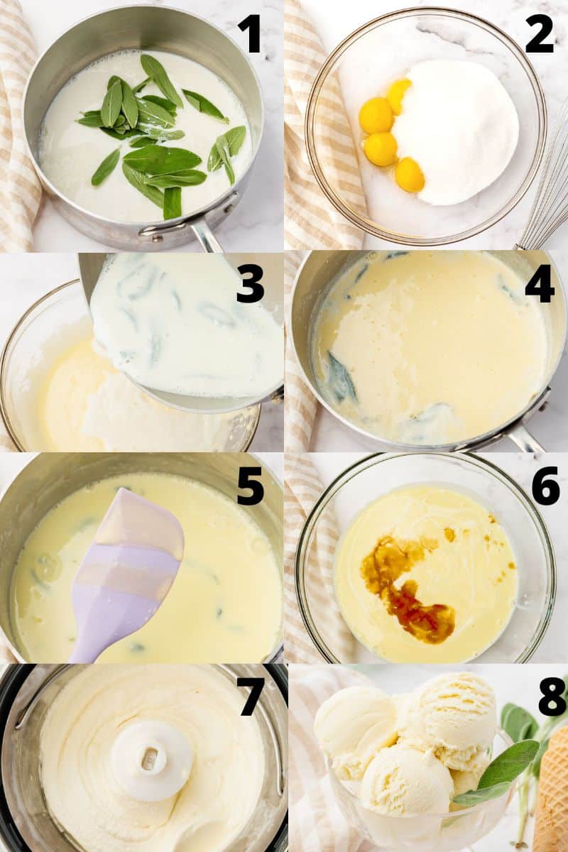 a collage of 8 images showing the steps to take to make sage ice cream in an ice cream maker.