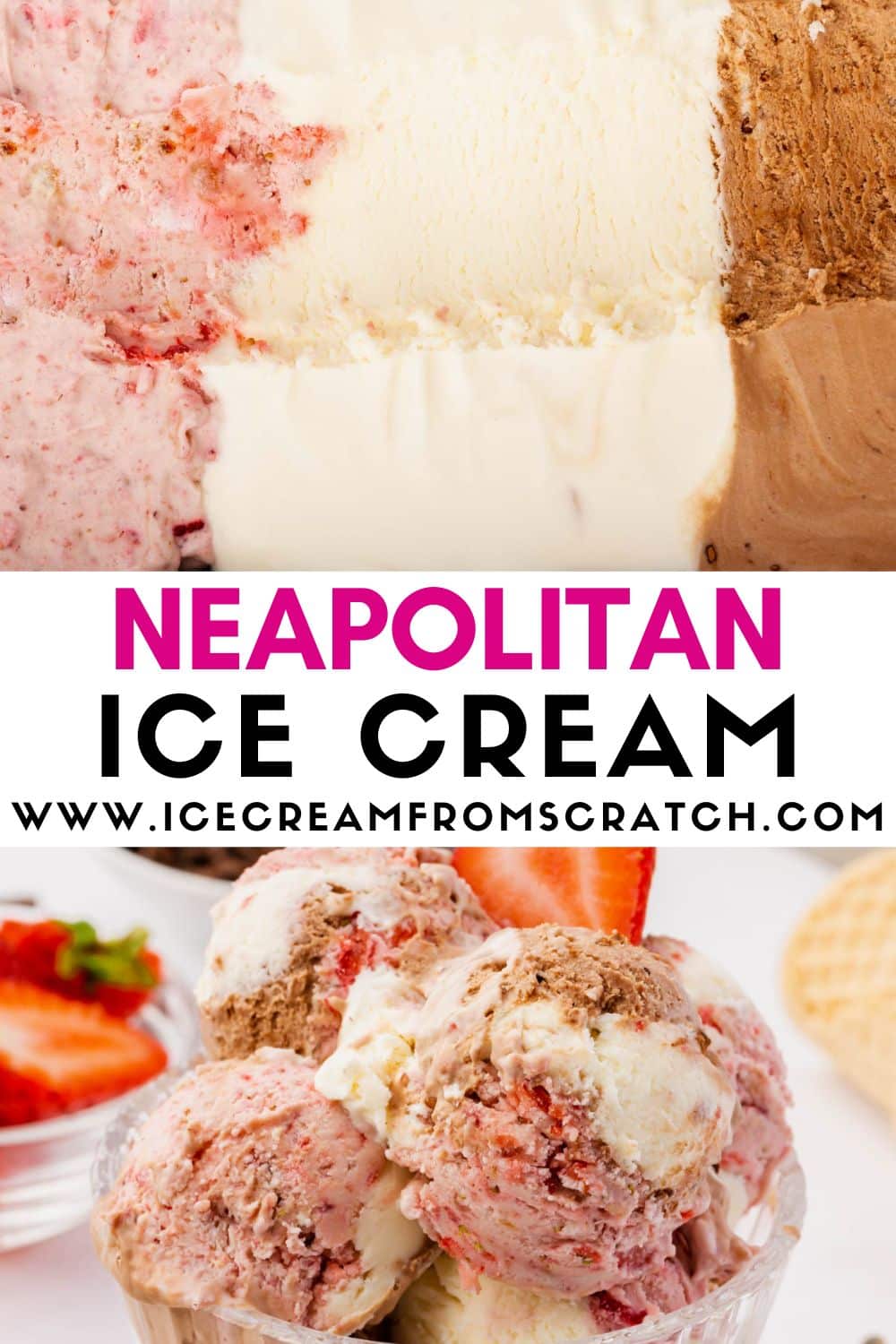 Two images of neapolitan ice cream. The top one is a closeup of the striped pink, white, brown ice cream. The bottom one is a glass dish filled with scoops of ice cream. Text in the center says "neapolitan ice cream www.icecreamfromscratch.com"