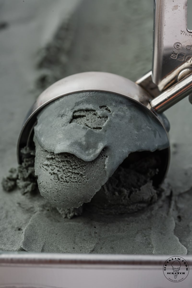 Black licorice flavored black colored ice cream, being scooped with a metal ice cream scoop, photo shot up close.
