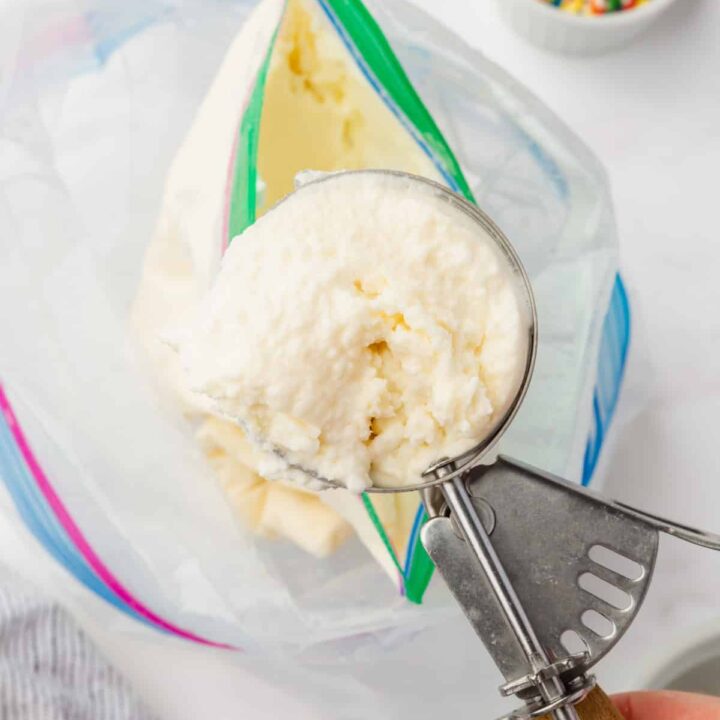 Vanilla ice cream in a metal ice cream scoop, above a double zip log bag ice cream making set up. A bowl of rainbow sprinkles is in the background.