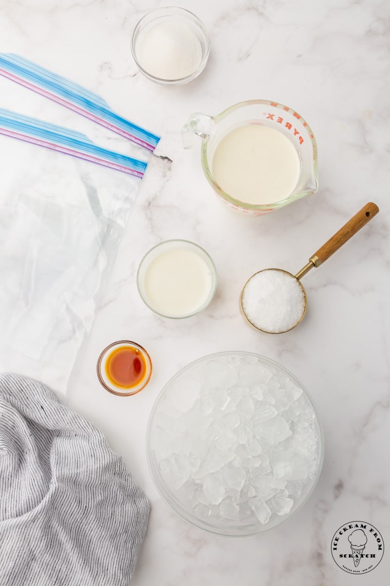The ingredients needed to make ice cream in a bag, including ice in a large bowl, two ziplock bags, salt, vanilla, milk, cream, and sugar.