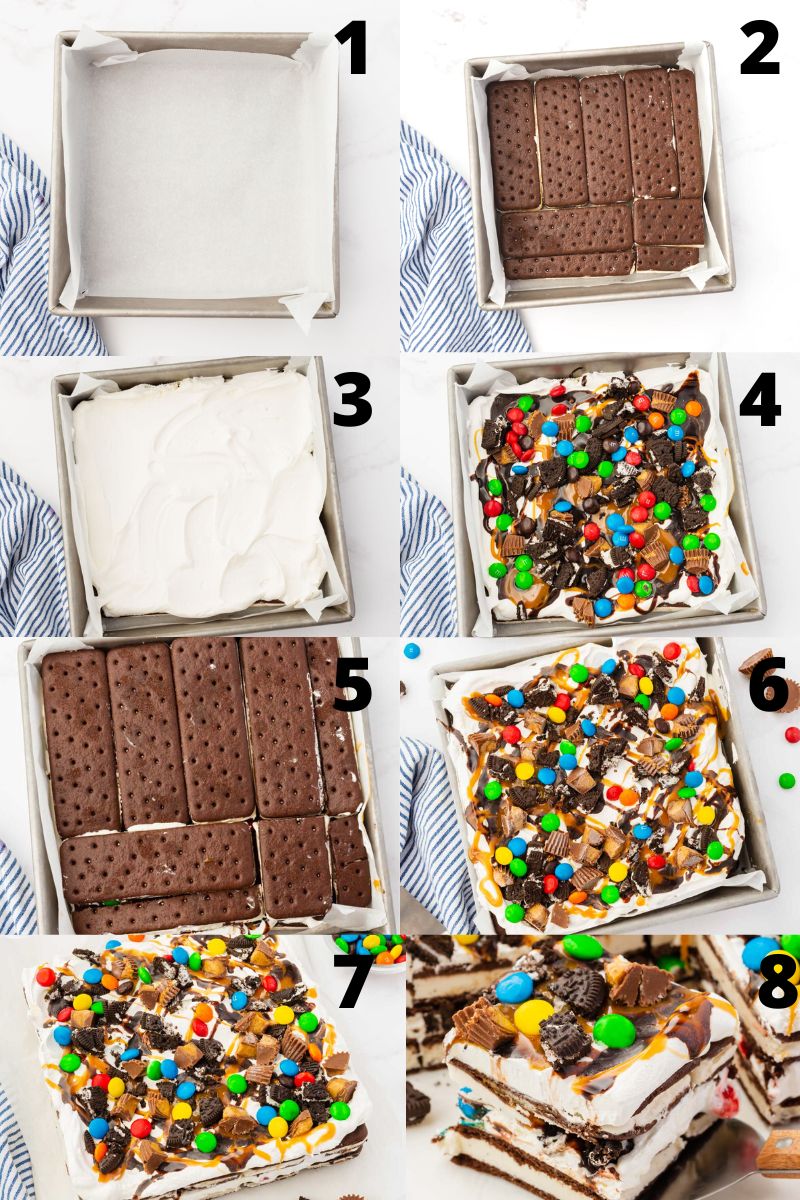 a collage of 8 images showing how to make ice cream cake in an 8 x 8 inch metal pan. a