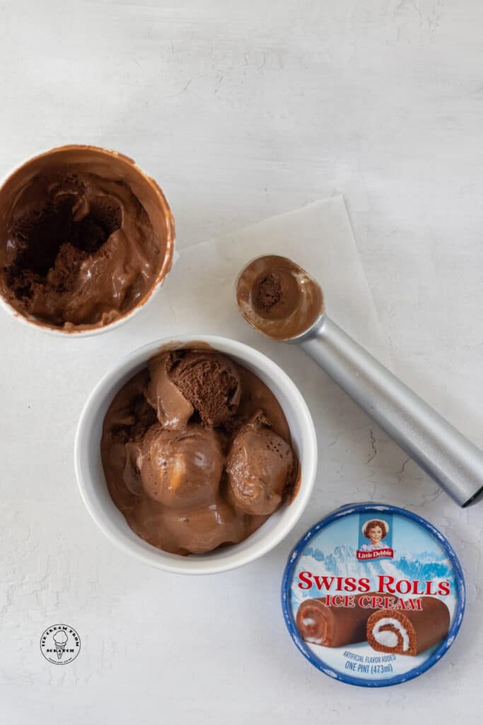 Little Debbie Ice Cream Swiss Rolls Ice Cream scooped into a bowl