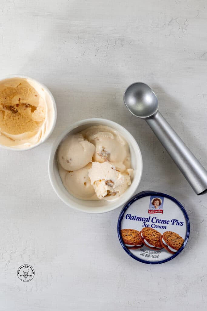 Little Debbie Ice Cream Oatmeal Cream Pie Ice Cream scooped into a bowl