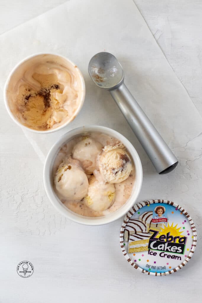 Little Debbie Ice Cream Zebra Cakes Ice Cream scooped into a bowl