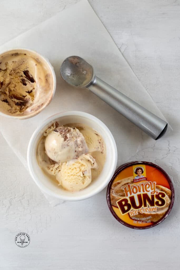 Little Debbie Ice Cream Honey Buns Ice Cream scooped into a bowl