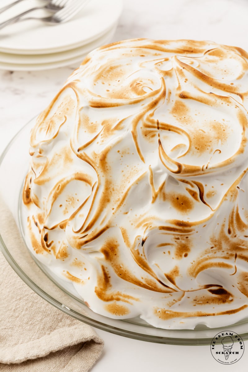 a plate of baked alaska, covered in toasted meringue. The dessert is formed into a dome shape.