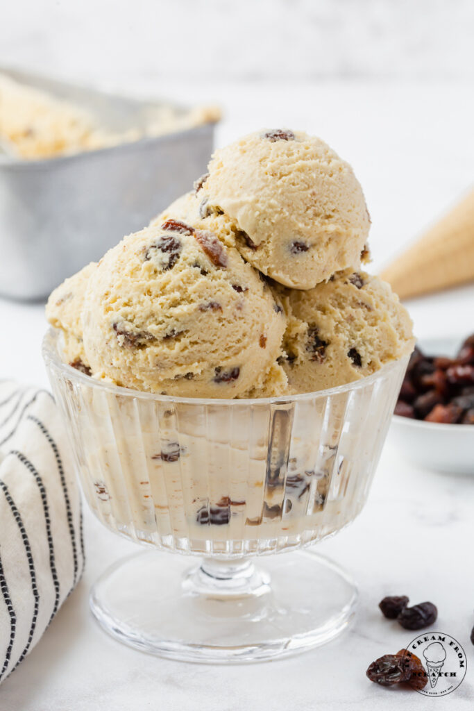 a footed, fluted glass dish filled with scooops of rum raisin ice cream. raisins are on the counter next to the bowl. in the background is an ice cream cone and a metal loaf pan.