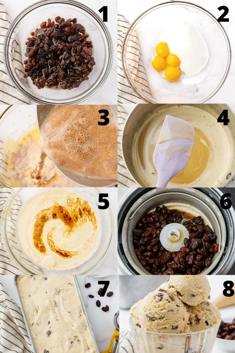 a numbered collage of 8 photos showing how to make ice cream from scratch with raisins.