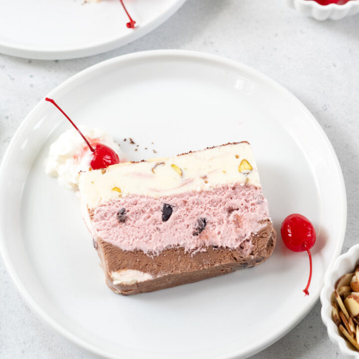 a white plate holding a slice of spumoni.