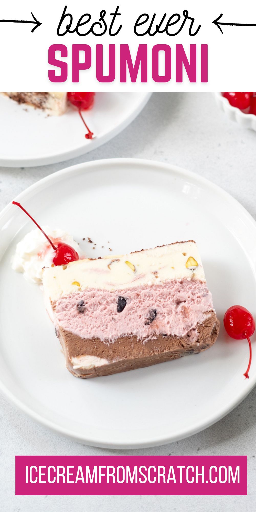 Homemade slice of ice cream spumoni on a plate with whipped cream and cherries. Text overlay at top of image says "best ever spumoni"