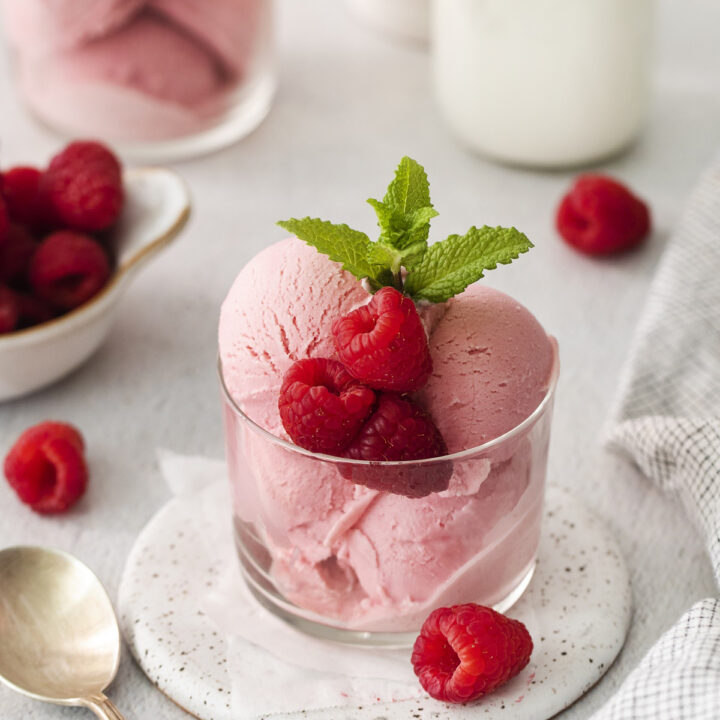 a short glass cylindrical bowl filled with scoops of homemade raspberry sherbet and garnished with fresh berries and a sprig of mint.