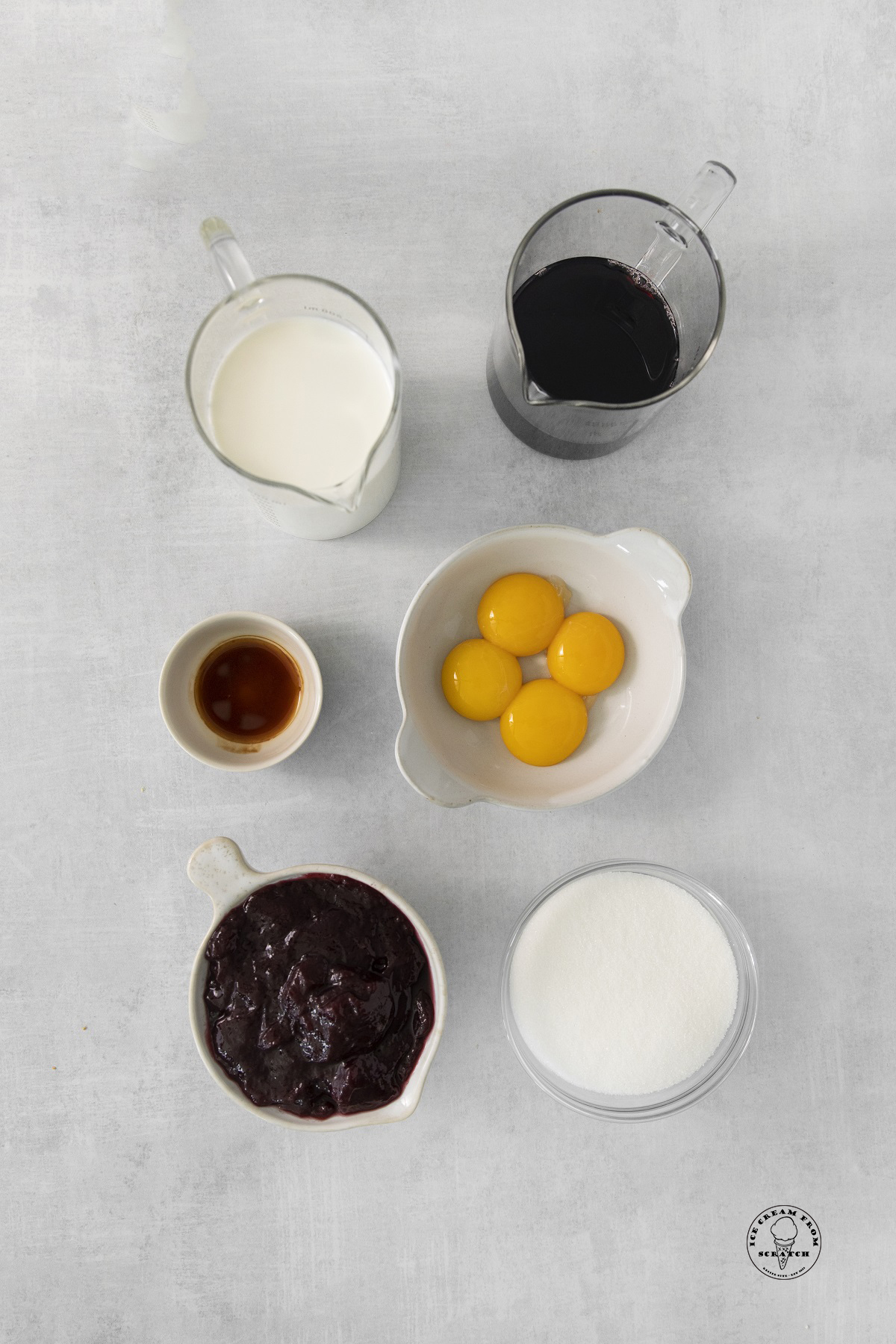 The ingredients in homemade grape ice cream. 