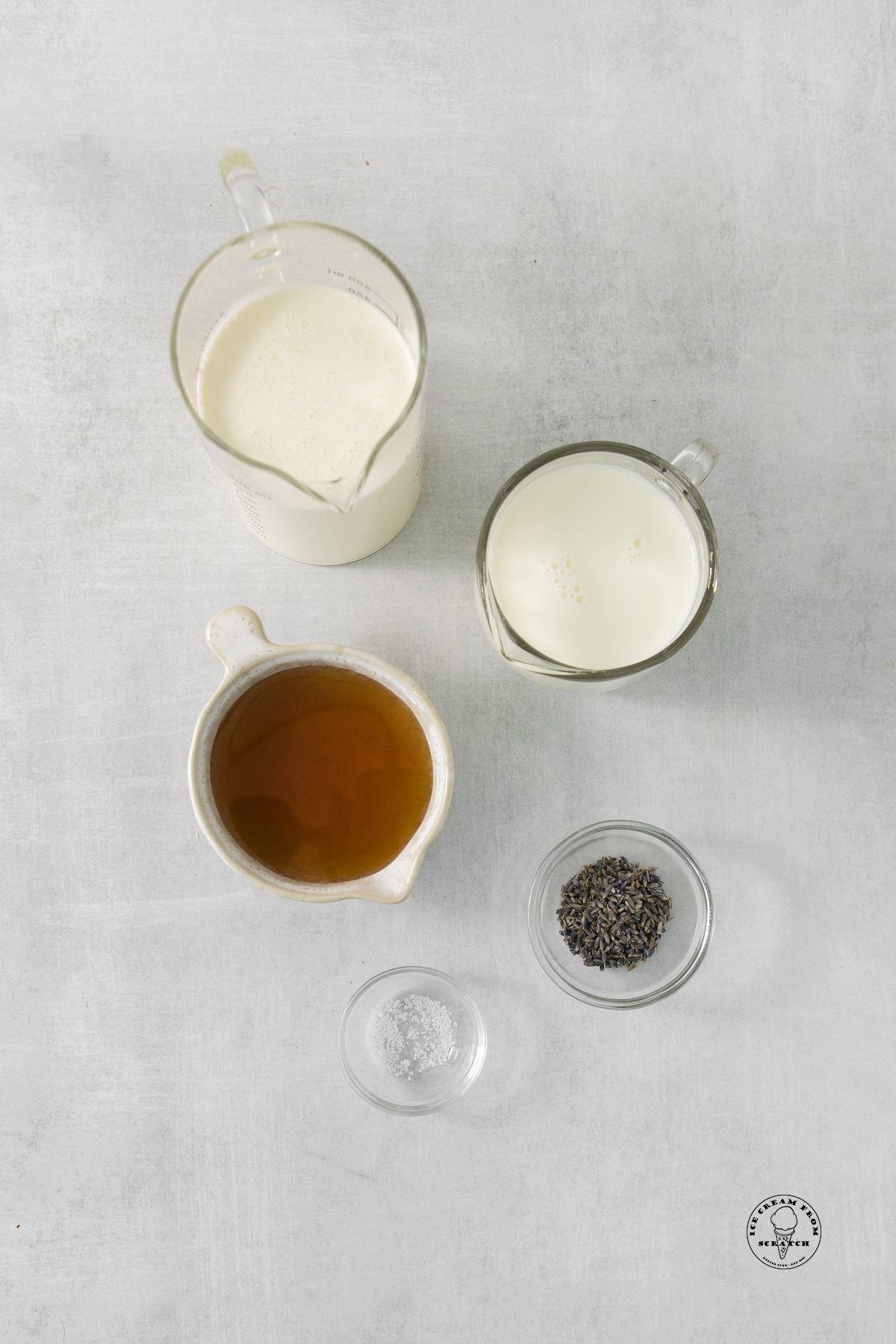 The ingredients in lavender ice cream with honey and real flower buds